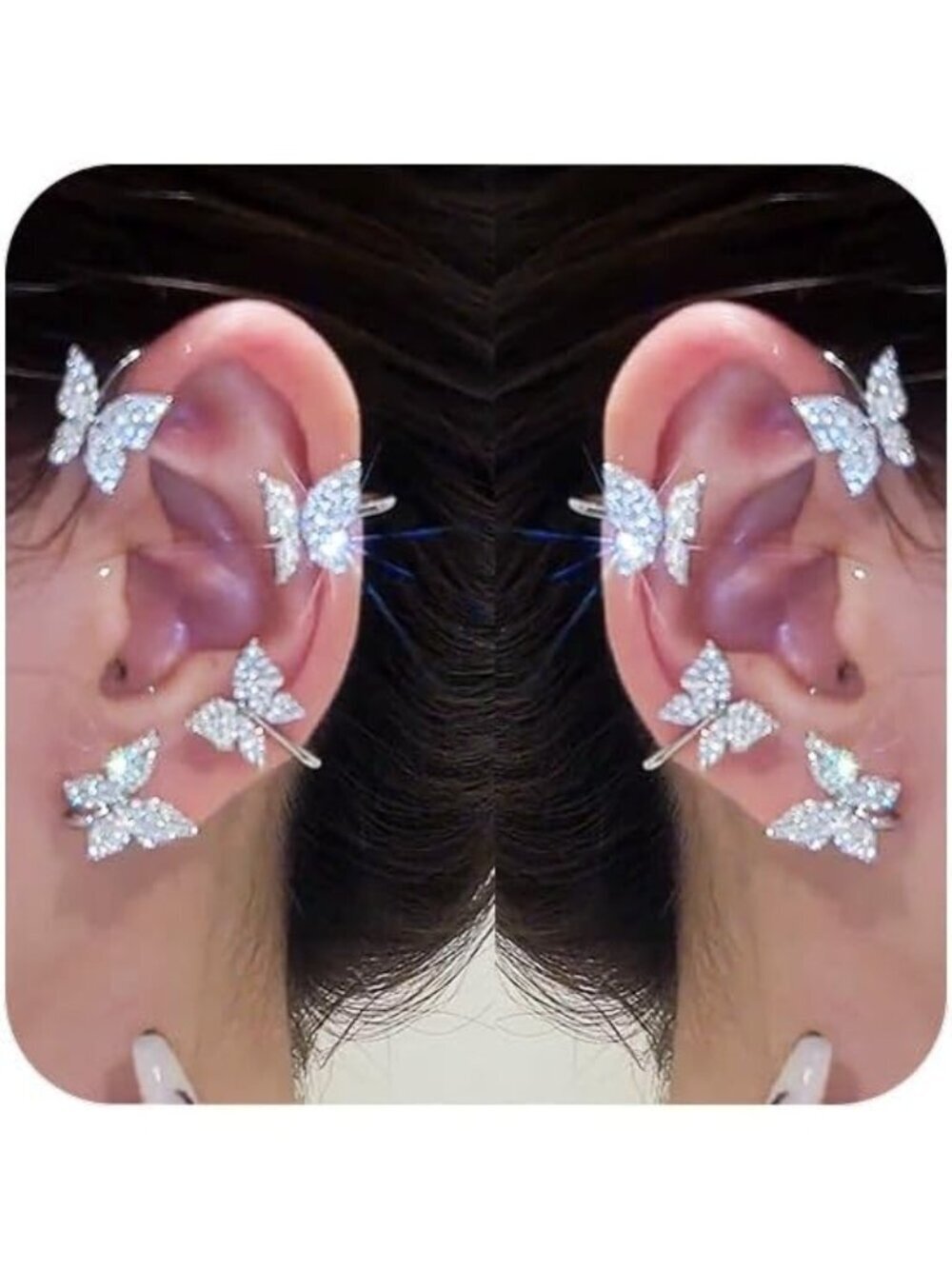 Women's Silver Alloy Butterfly Ear Rhinestone Wrap No Piercing Cuff Clip Earring